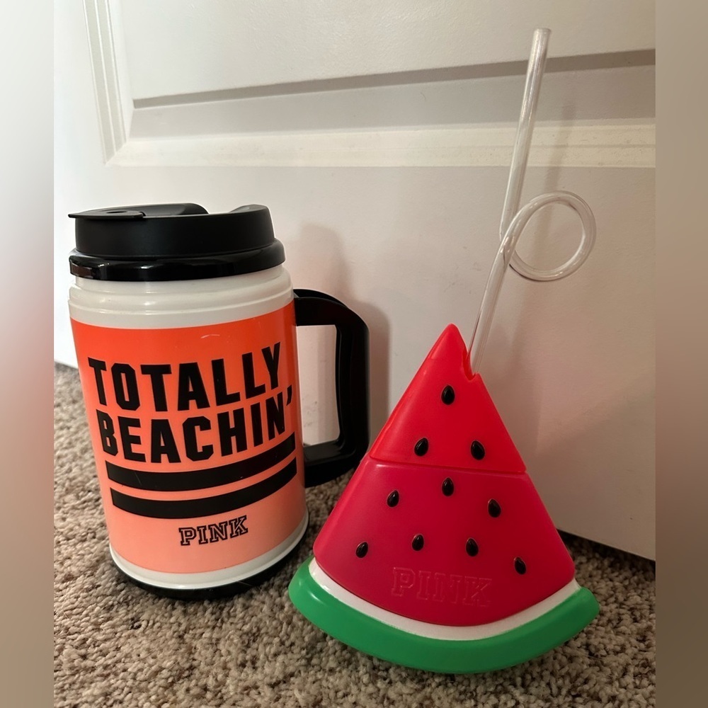 Lot of 2 Items: PINK ‘Totally Beachin’’ Tumbler & PINK Watermelon Fun Cup - Picture 1 of 8